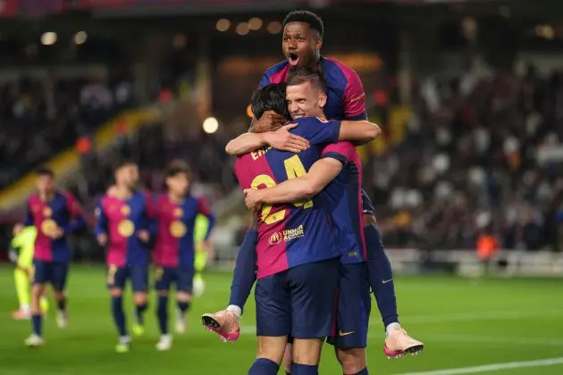 BARCELONA, SPAIN - APRIL 22: Dani Olmo of FC Barcelona celebrates with team mates after scoring the team's first goal during the La Liga EA Sports match between FC Barcelona and RCD Mallorca at Estadi Olimpic Lluis Companys on April 22, 2025 in Barcelona, Spain.