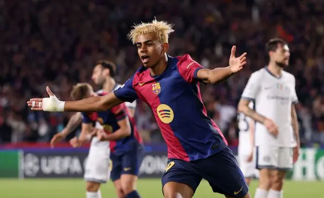 BARCELONA, SPAIN - APRIL 30: Lamine Yamal of FC Barcelona celebrates scoring his team's first goal during the UEFA Champions League 2024/25 Semi Final First Leg match between FC Barcelona and FC Internazionale Milano at Estadi Olimpic Lluis Companys on April 30, 2025 in Barcelona, Spain.