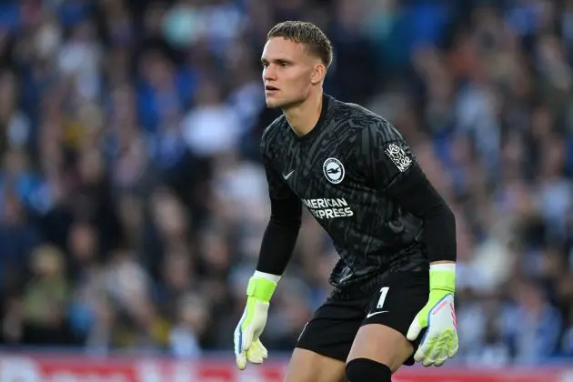 BRIGHTON, ENGLAND - MAY 19: Bart Verbruggen of Brighton & Hove Albion looks on during the Premier League match between Brighton & Hove Albion FC and Liverpool FC at Amex Stadium on May 19, 2025 in Brighton, England.