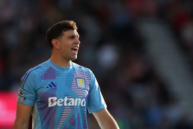 BOURNEMOUTH, ENGLAND - MAY 10: Emiliano Martinez of Aston Villa in action during the Premier League match between AFC Bournemouth and Aston Villa FC at Vitality Stadium on May 10, 2025 in Bournemouth, England.