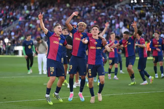 BARCELONA, SPAIN - MAY 11: Fermin Lopez, Lamine Yamal and Gavi of FC Barcelona celebrates after the teams 4-3 victory in the LaLiga match between FC Barcelona and Real Madrid CF at Estadi Olimpic Lluis Companys on May 11, 2025 in Barcelona, Spain.