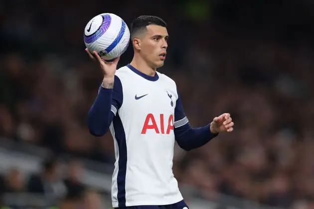 LONDON, ENGLAND - APRIL 21: Pedro Porro of Tottenham Hotspur reacts during the Premier League match between Tottenham Hotspur FC and Nottingham Forest FC at Tottenham Hotspur Stadium on April 21, 2025 in London, England.