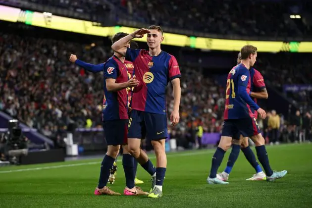 VALLADOLID, SPAIN - MAY 03: Fermin Lopez of FC Barcelona celebrates scoring his team's second goal during the LaLiga match between Real Valladolid CF and FC Barcelona at Jose Zorrilla on May 03, 2025 in Valladolid, Spain.