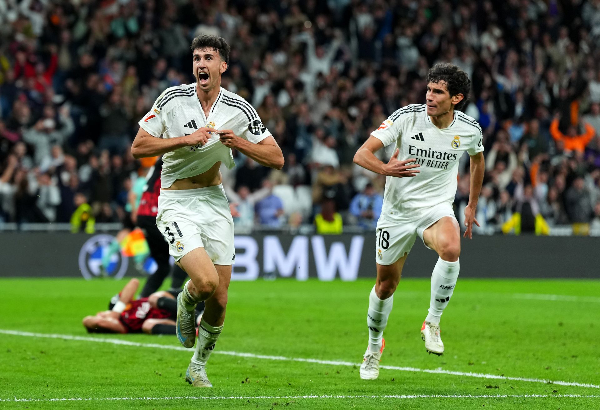 MADRID, SPAIN - MAY 14: Jacobo Ramon of Real Madrid celebrates scoring his team's second goal during the LaLiga match between Real Madrid CF and RCD Mallorca at Estadio Santiago Bernabeu on May 14, 2025 in Madrid, Spain. 