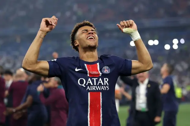 MUNICH, GERMANY - MAY 31: Desire Doue of Paris Saint-Germain celebrates victory after the UEFA Champions League Final 2025 between Paris Saint-Germain and FC Internazionale Milano at Munich Football Arena on May 31, 2025 in Munich, Germany.