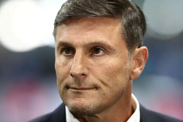 MILAN, ITALY - MAY 06: Former professional footballer Javier Zanetti looks on prior to the UEFA Champions League 2024/25 Semi Final Second Leg match between FC Internazionale Milano and FC Barcelona at Giuseppe Meazza Stadium on May 06, 2025 in Milan, Italy.