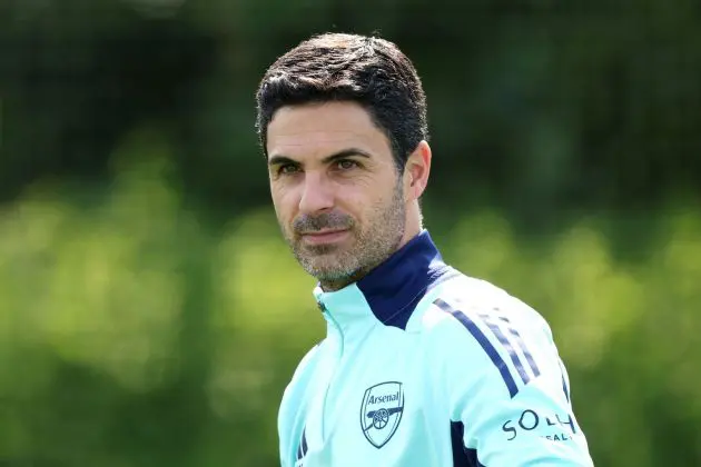 LONDON COLNEY, ENGLAND - APRIL 28: Mikel Arteta, Manager of Arsenal, looks on as he makes his way out for a training session ahead of their UEFA Champions League 2024/25 semi final first leg match at Sobha Realty Training Centre on April 28, 2025 in London Colney, England.