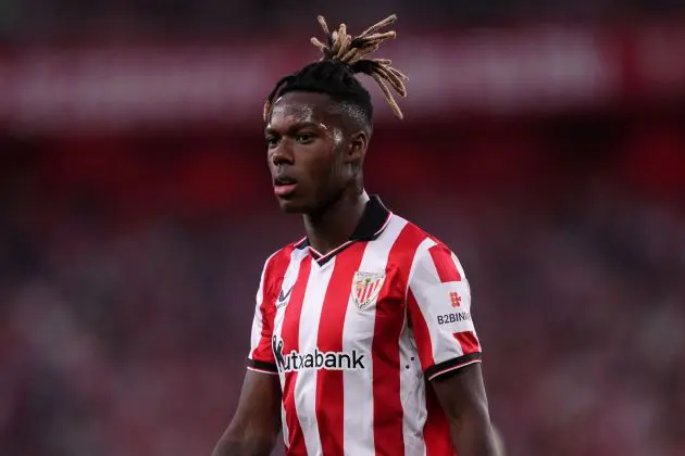 BILBAO, SPAIN - MAY 25: Nico Williams of Athletic Club reacts during the LaLiga match between Athletic Club and FC Barcelona at Estadio de San Mames on May 25, 2025 in Bilbao, Spain.