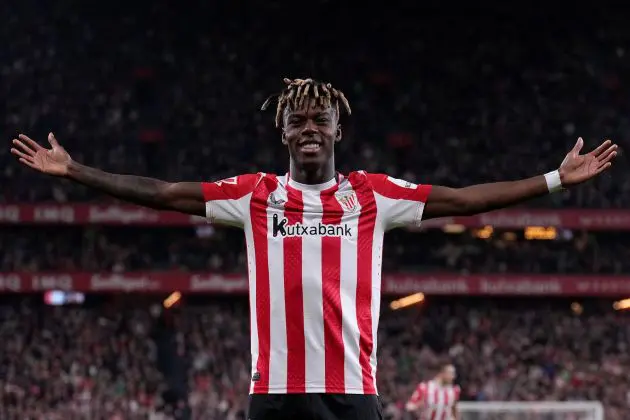 BILBAO, SPAIN - APRIL 13: Nico Williams of Athletic Club celebrates scoring his team's second goal during the LaLiga match between Athletic Club and Rayo Vallecano at Estadio de San Mames on April 13, 2025 in Bilbao, Spain.