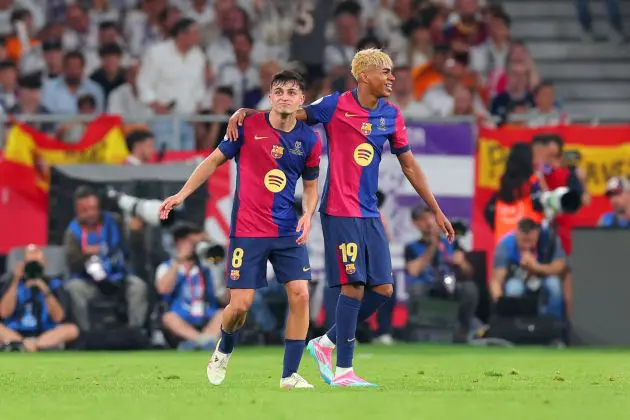SEVILLE, SPAIN - APRIL 26: Pedri of FC Barcelona celebrates scoring his team's first goal with Lamine Yamal during the Copa del Rey Final match between FC Barcelona and Real Madrid at Estadio de La Cartuja on April 26, 2025 in Seville, Spain.