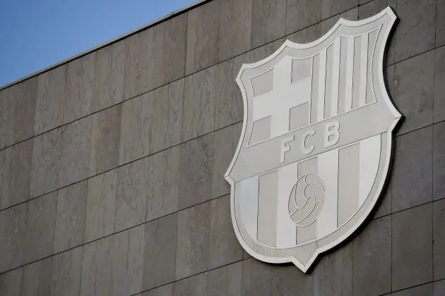 Picture shows FC Barcelona's badge displayed on a wall of the Camp Nou stadium in Barcelona.