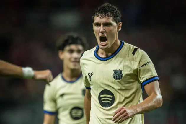 SEOUL, SOUTH KOREA - JULY 31: Andreas Christensen of FC Barcelona scores team's fourth goal during the preseason friendly between FC Seoul and FC Barcelona at Seoul World Cup Stadium on July 31, 2025 in Seoul, South Korea.