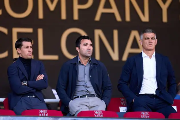 BARCELONA, SPAIN - MAY 11: (L-R) FC Barcelona Football Coordinator Bojan Krkic, FC Barcelona Director of Football Anderson Luis de Souza 'Deco' and FC Barcelona President Advisor Enric Masip look on from the presidential box prior to the LaLiga match between FC Barcelona and Real Madrid CF at Estadi Olimpic Lluis Companys on May 11, 2025 in Barcelona, Spain.