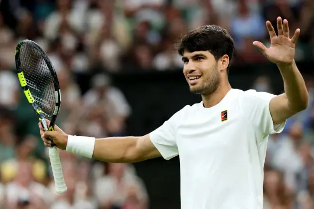 LONDON, ENGLAND - JULY 06: Carlos Alcaraz of Spain celebrates winning match point against Andrey Rublev during the Gentlemen's Singles fourth round match on day seven of The Championships Wimbledon 2025 at All England Lawn Tennis and Croquet Club on July 06, 2025 in London, England.