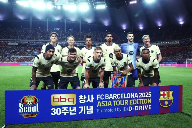SEOUL, SOUTH KOREA - JULY 31: FC Barcelona team pose during the preseason friendly between FC Seoul and FC Barcelona at Seoul World Cup Stadium on July 31, 2025 in Seoul, South Korea.