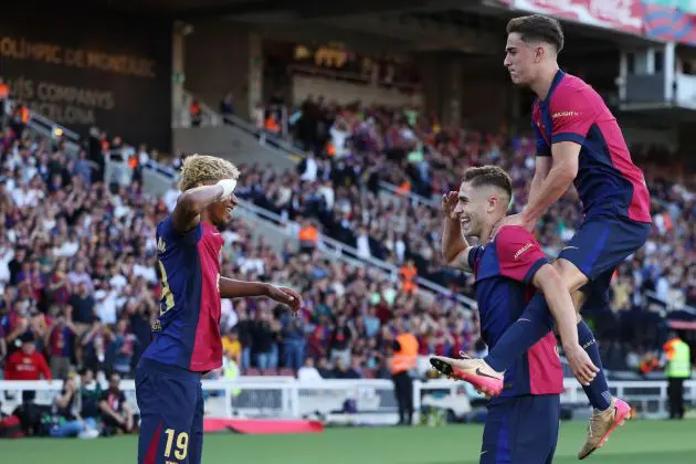 BARCELONA, SPAIN - MAY 18: Fermin Lopez of FC Barcelona celebrates scoring his team's second goal with teammate Lamine Yamal during the La Liga EA Sports match between FC Barcelona and Villarreal CF at Estadi Olimpic Lluis Companys on May 18, 2025 in Barcelona, Spain.