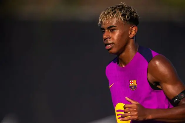 Barcelona winger Lamine Yamal during first training session of 2025 preseason.