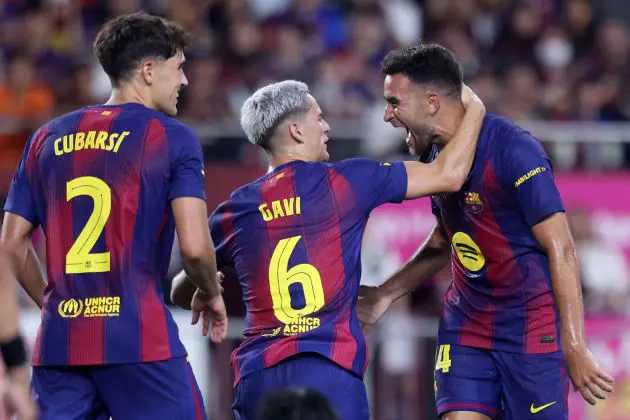 KOBE, JAPAN - JULY 27: FC Barcelona's Eric Garcia (R) is congratulated by Gavi (C) after scoring a goal during the preseason friendly between Vissel Kobe and FC Barcelona at Noevir Stadium Kobe on July 27, 2025 in Kobe, Hyogo, Japan.