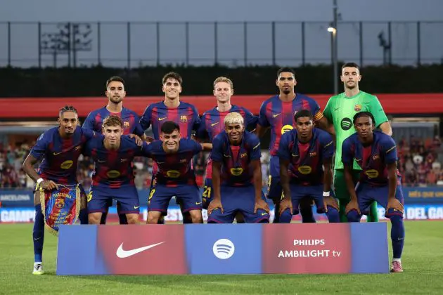 BARCELONA, SPAIN - AUGUST 10: Players of FC Barcelona pose for a team photograph prior to the Joan Gamper Trophy match between FC Barcelona and Como1907 at Estadi Johan Cruyff on August 10, 2025 in Barcelona, Spain.