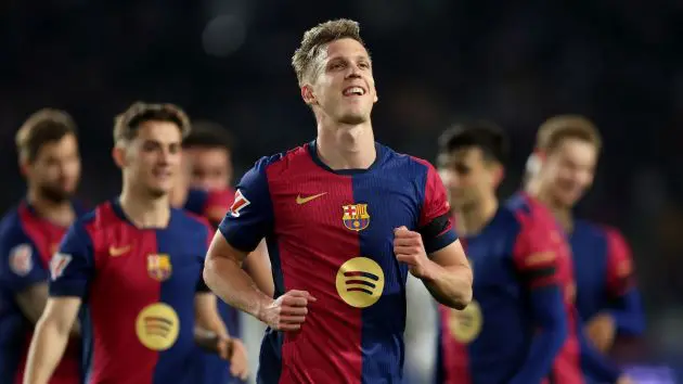 BARCELONA, SPAIN - MARCH 27: Dani Olmo of FC Barcelona celebrates scoring his team's second goal from a penalty retake during the La Liga EA Sports match between FC Barcelona and CA Osasuna at Estadi Olimpic Lluis Companys on March 27, 2025 in Barcelona, Spain.