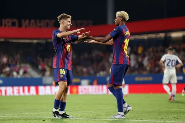BARCELONA, SPAIN - AUGUST 10: Fermin Lopez of FC Barcelona celebrates scoring his team's second goal with teammate Lamine Yamal during the Joan Gamper Trophy match between FC Barcelona and Como1907 at Estadi Johan Cruyff on August 10, 2025 in Barcelona, Spain.