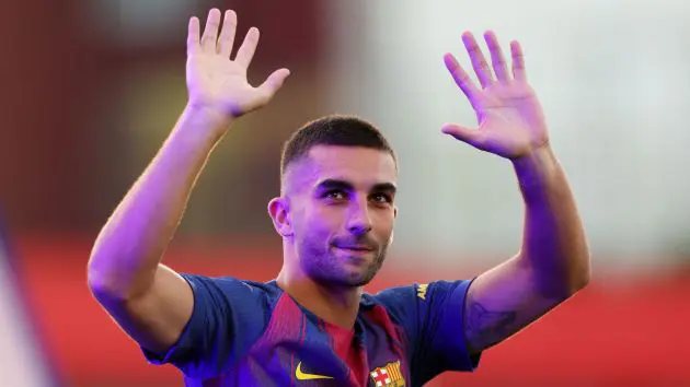 BARCELONA, SPAIN - AUGUST 10: Ferran Torres of FC Barcelona is presented to the fans prior to the Joan Gamper Trophy match between FC Barcelona and Como1907 at Estadi Johan Cruyff on August 10, 2025 in Barcelona, Spain.