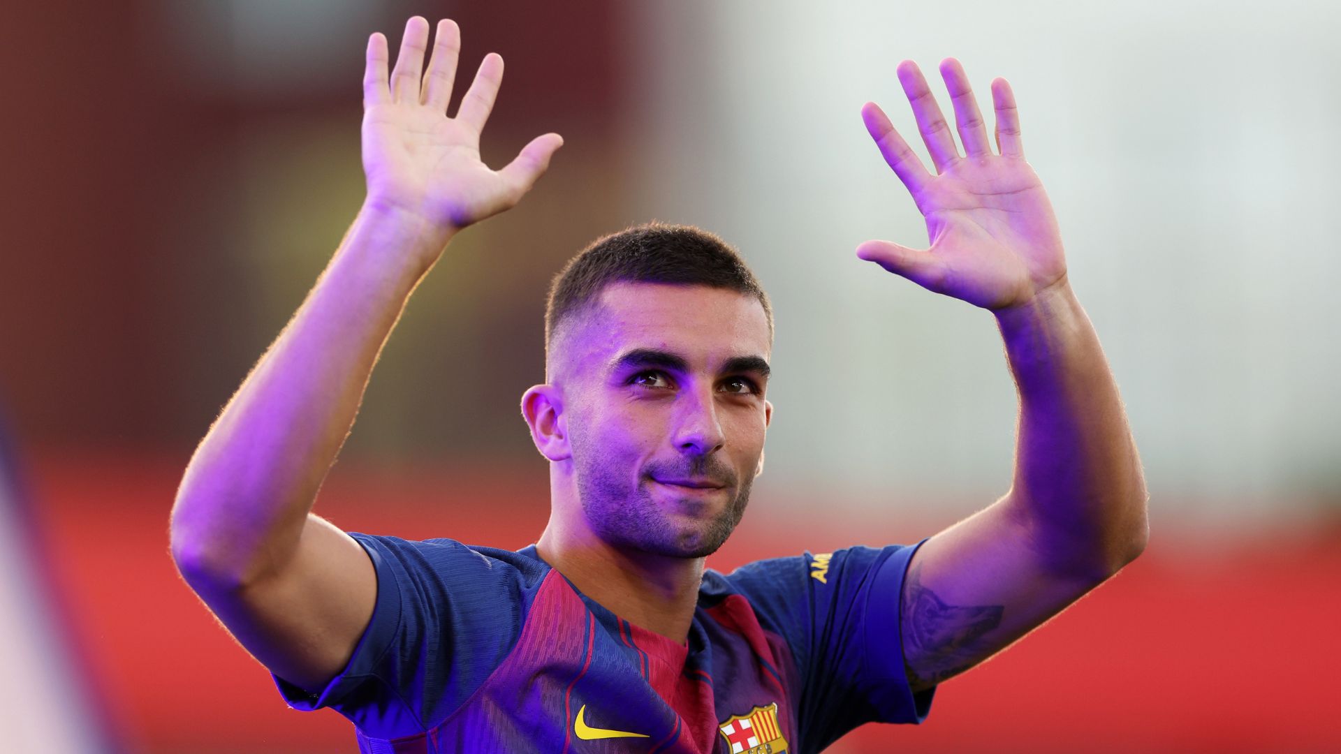 BARCELONA, SPAIN - AUGUST 10: Ferran Torres of FC Barcelona is presented to the fans prior to the Joan Gamper Trophy match between FC Barcelona and Como1907 at Estadi Johan Cruyff on August 10, 2025 in Barcelona, Spain.