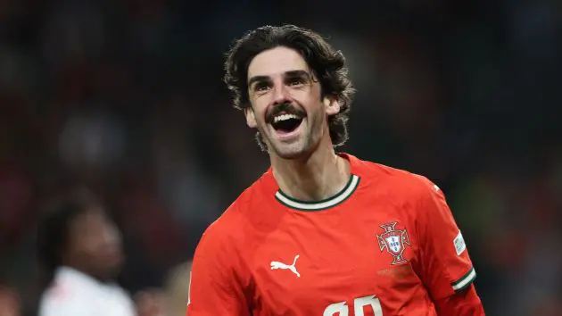 LISBON, PORTUGAL - MARCH 23: Francisco Trincao of Portugal celebrates scoring his team's third goal during the UEFA Nations League Quarterfinal Leg Two match between Portugal and Denmark at Estadio Jose Alvalade on March 23, 2025 in Lisbon, Portugal.