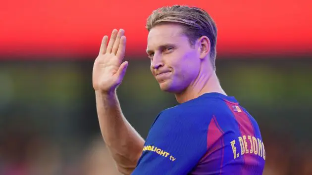 BARCELONA, SPAIN - AUGUST 10: Frenkie de Jong of FC Barcelona is presented to the fans prior to the Joan Gamper Trophy match between FC Barcelona and Como1907 at Estadi Johan Cruyff on August 10, 2025 in Barcelona, Spain.