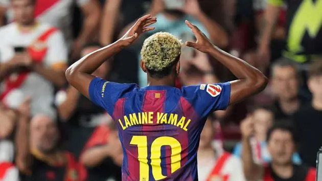 MADRID, SPAIN - AUGUST 31: Lamine Yamal of FC Barcelona celebrates scoring his team's first goal during the LaLiga EA Sports match between Rayo Vallecano de Madrid and FC Barcelona at Estadio de Vallecas on August 31, 2025 in Madrid, Spain.