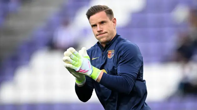 VALLADOLID, SPAIN - MAY 03: Marc-Andre ter Stegen of FC Barcelona warms up prior to the LaLiga match between Real Valladolid CF and FC Barcelona at Jose Zorrilla on May 03, 2025 in Valladolid, Spain.