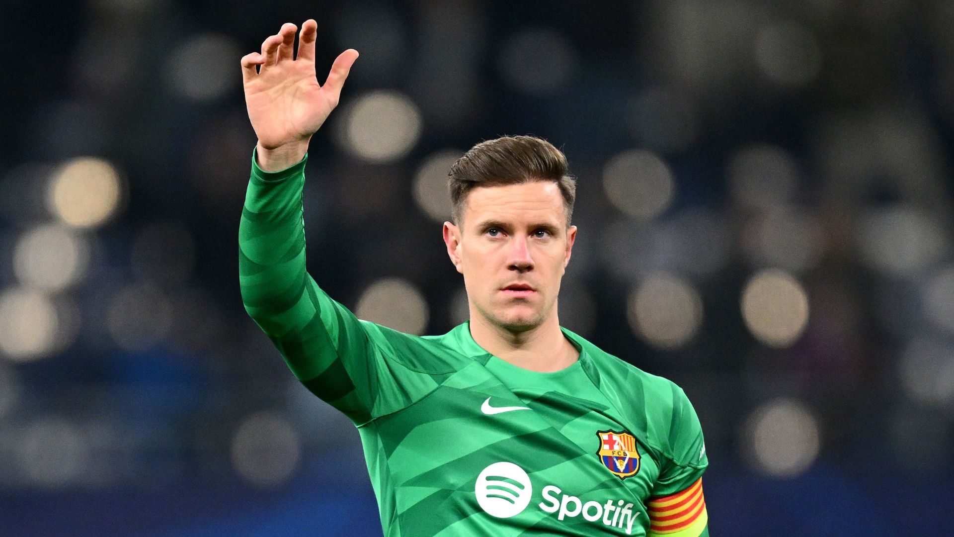 HAMBURG, GERMANY - NOVEMBER 07: Marc-Andre ter Stegen of FC Barcelona acknowledges the fans following the team's defeat during the UEFA Champions League match between FC Shakhtar Donetsk and FC Barcelona at Volksparkstadion on November 07, 2023 in Hamburg, Germany.