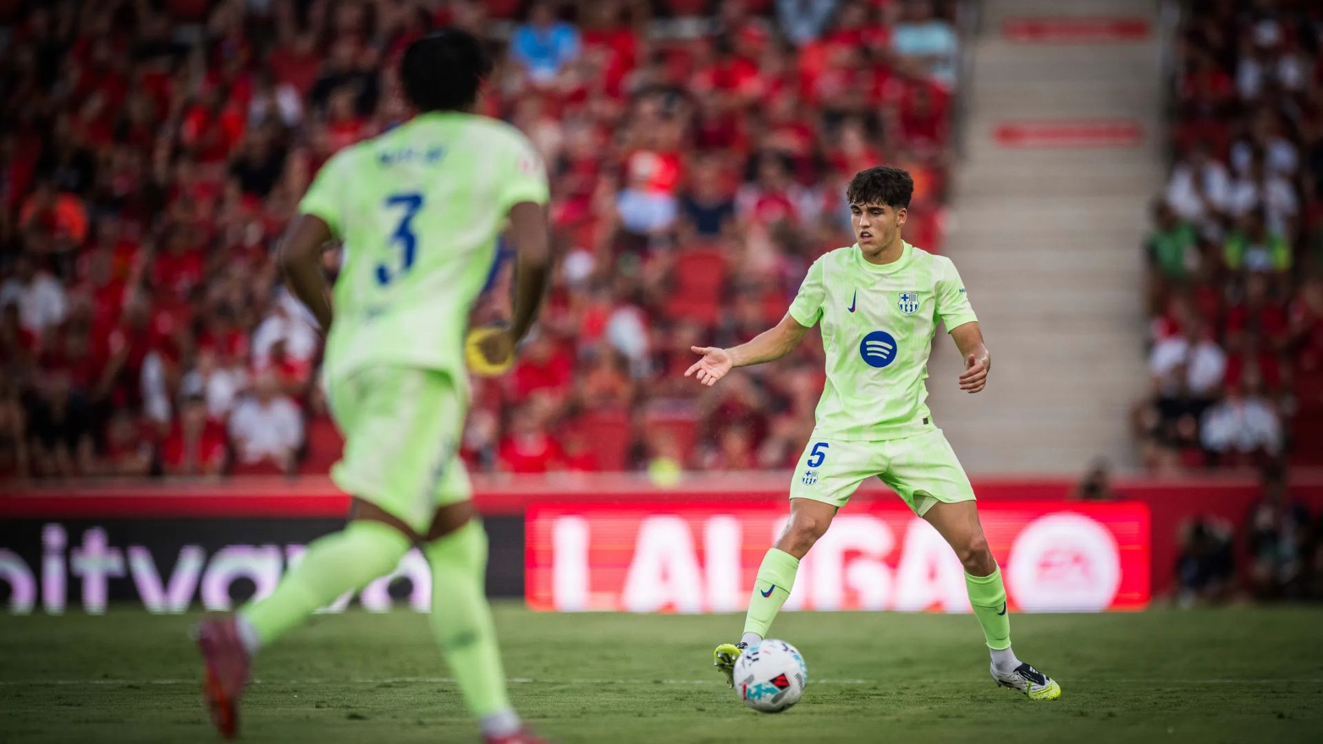 MALLORCA, SPAIN - AUGUST 16: Pau Cubarsí of FC Barcelona looks on during the LaLiga EA Sports match between RCD Mallorca and FC Barcelona at Estadio de Son Moix on August 16, 2025 in Mallorca, Spain.