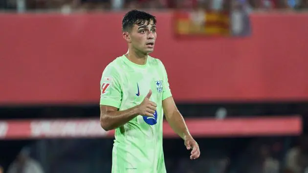 MALLORCA, SPAIN - AUGUST 16: Pedri of FC Barcelona gestures during the LaLiga EA Sports match between RCD Mallorca and FC Barcelona at Estadio de Son Moix on August 16, 2025 in Mallorca, Spain.