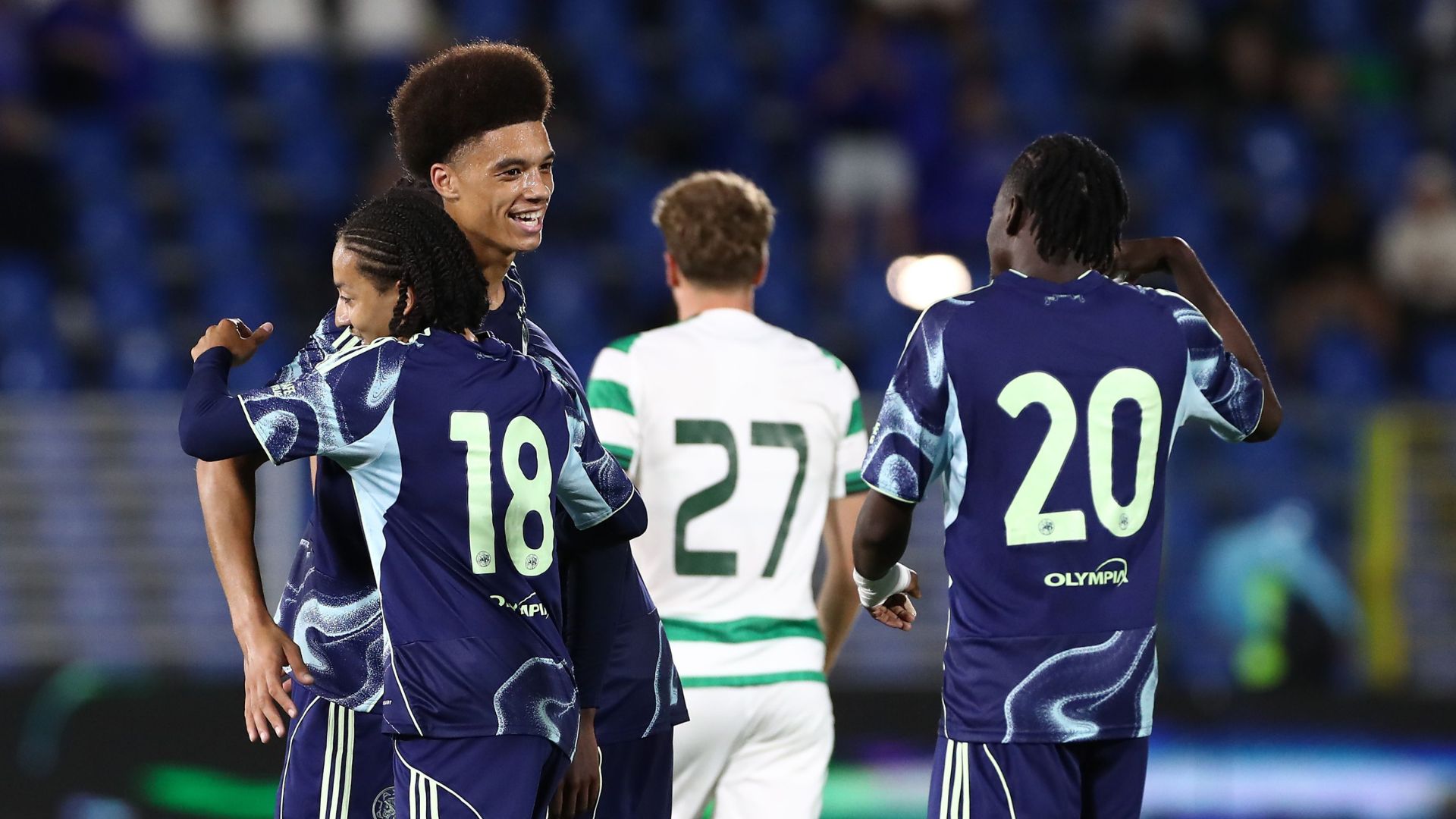 COMO, ITALY - JULY 24: Aaron Bouwman of Ajax celebrates his goal with his team-mates during the Como Cup match between Ajax and Celtic FC at Giuseppe Sinigaglia Stadium on July 24, 2025 in Como, Italy.