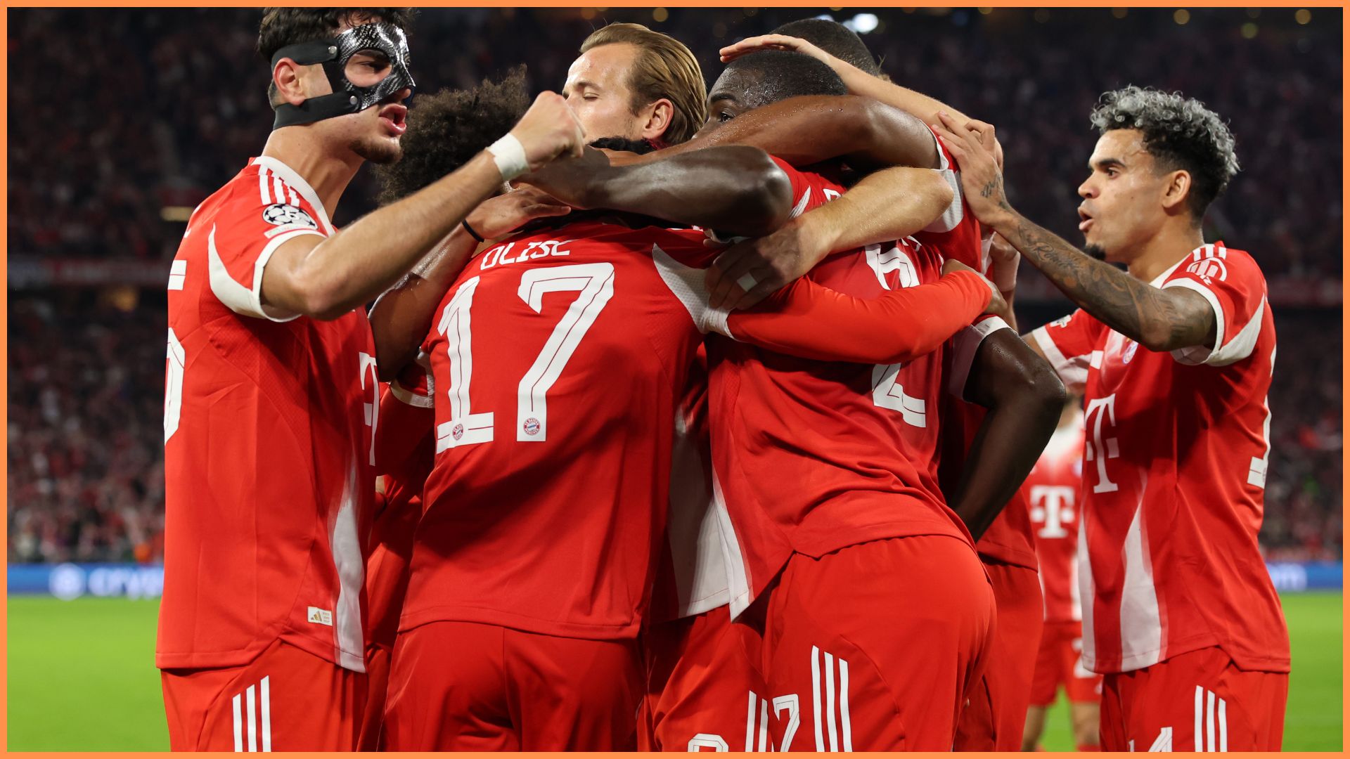 MUNICH, GERMANY - SEPTEMBER 17: Aleksandar Pavlovic, Michael Olise, Harry Kane, Dayot Upamecano and Luis Diaz of Bayern Munich celebrate the team's first goal, from an own goal by Trevoh Chalobah of Chelsea (not pictured) during the UEFA Champions League 2025/26 League Phase MD1 match between FC Bayern München and Chelsea FC at Football Arena Munich on September 17, 2025 in Munich, Germany.