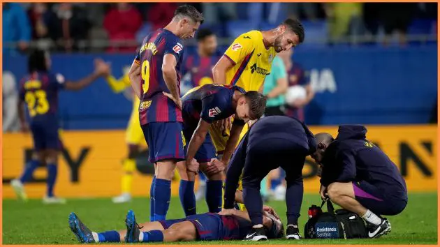 BARCELONA, SPAIN - SEPTEMBER 21: Fermin Lopez of FC Barcelona requires medical attention at the end of the LaLiga EA Sports match between FC Barcelona and Getafe CF at Estadi Johan Cruyff on September 21, 2025 in Barcelona, Spain.