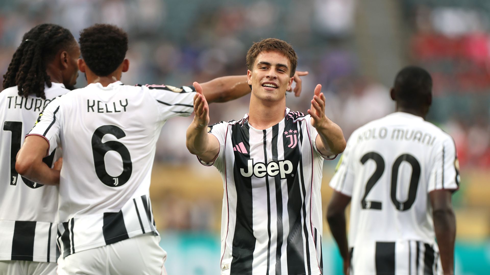 PHILADELPHIA, PENNSYLVANIA - JUNE 22: Kenan Yildiz #10 of Juventus FC celebrates scoring his team's second goal with Khephren Thuram #19 and Lloyd Kelly #6 of Juventus FC during the FIFA Club World Cup 2025 group G match between Juventus FC and Wydad AC at Lincoln Financial Field on June 22, 2025 in Philadelphia, Pennsylvania.