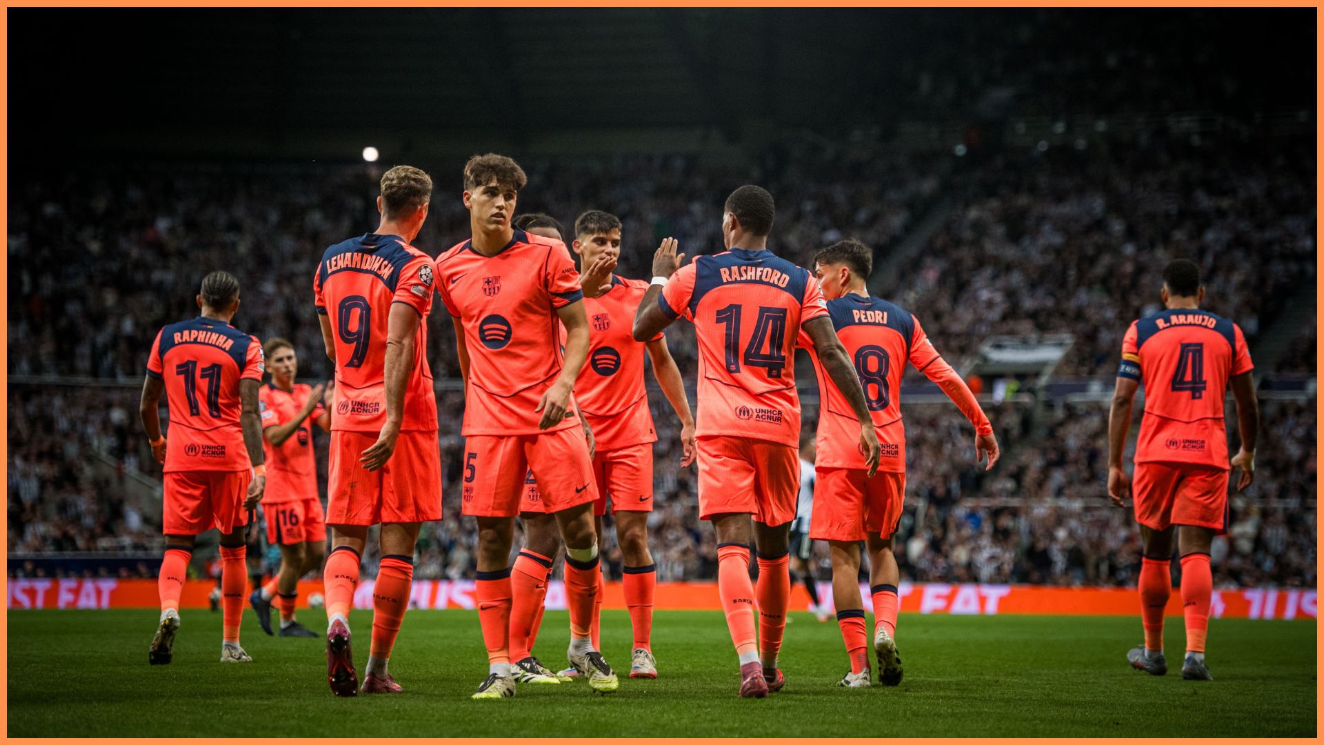 NEWCASTLE UPON TYNE, ENGLAND - SEPTEMBER 18: Pau Cubarsi of FC Barcelona celebrates his team's second goal with teammates during the UEFA Champions League 2025/26 League Phase MD1 match between Newcastle United FC and FC Barcelona at St James' Park on September 18, 2025 in Newcastle upon Tyne, England.