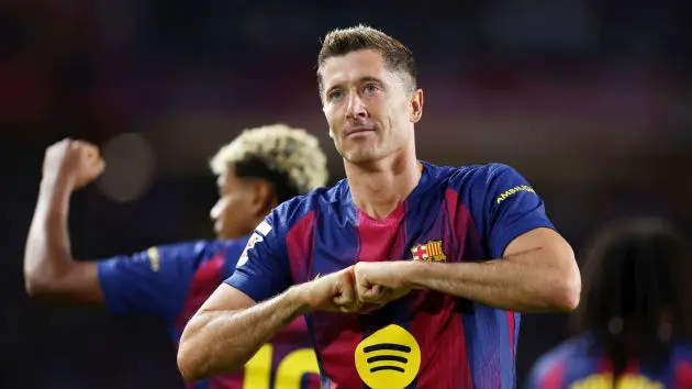 Robert Lewandowski of FC Barcelona celebrates scoring his team's second goal during the LaLiga EA Sports match between FC Barcelona and Real Sociedad at Estadi Olimpic Lluis Companys.
