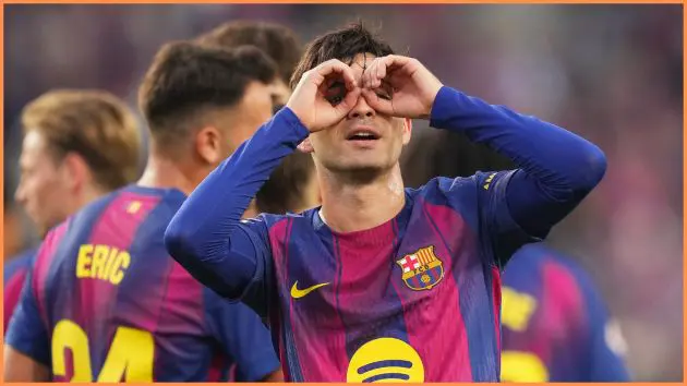 BARCELONA, SPAIN - OCTOBER 18: Pedri of FC Barcelona celebrates scoring his team's first goal during the LaLiga EA Sports match between FC Barcelona and Girona FC at Spotify Camp Nou on October 18, 2025 in Barcelona, Spain.