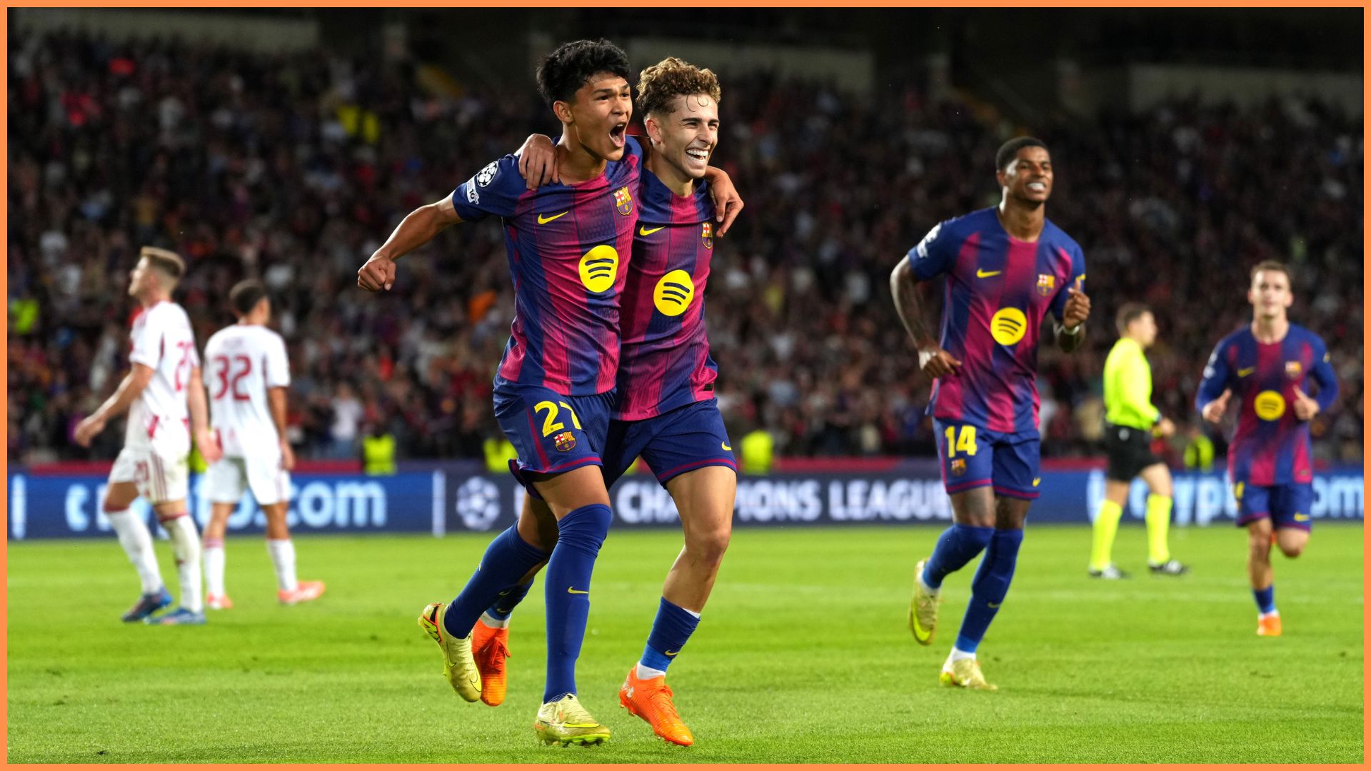BARCELONA, SPAIN - OCTOBER 21: Fermin Lopez of FC Barcelona celebrates scoring his team's second goal with teammate Pedro Fernandez during the UEFA Champions League 2025/26 League Phase MD3 match between FC Barcelona and Olympiacos FC at Estadi Olimpic Lluis Companys on October 21, 2025 in Barcelona, Spain.