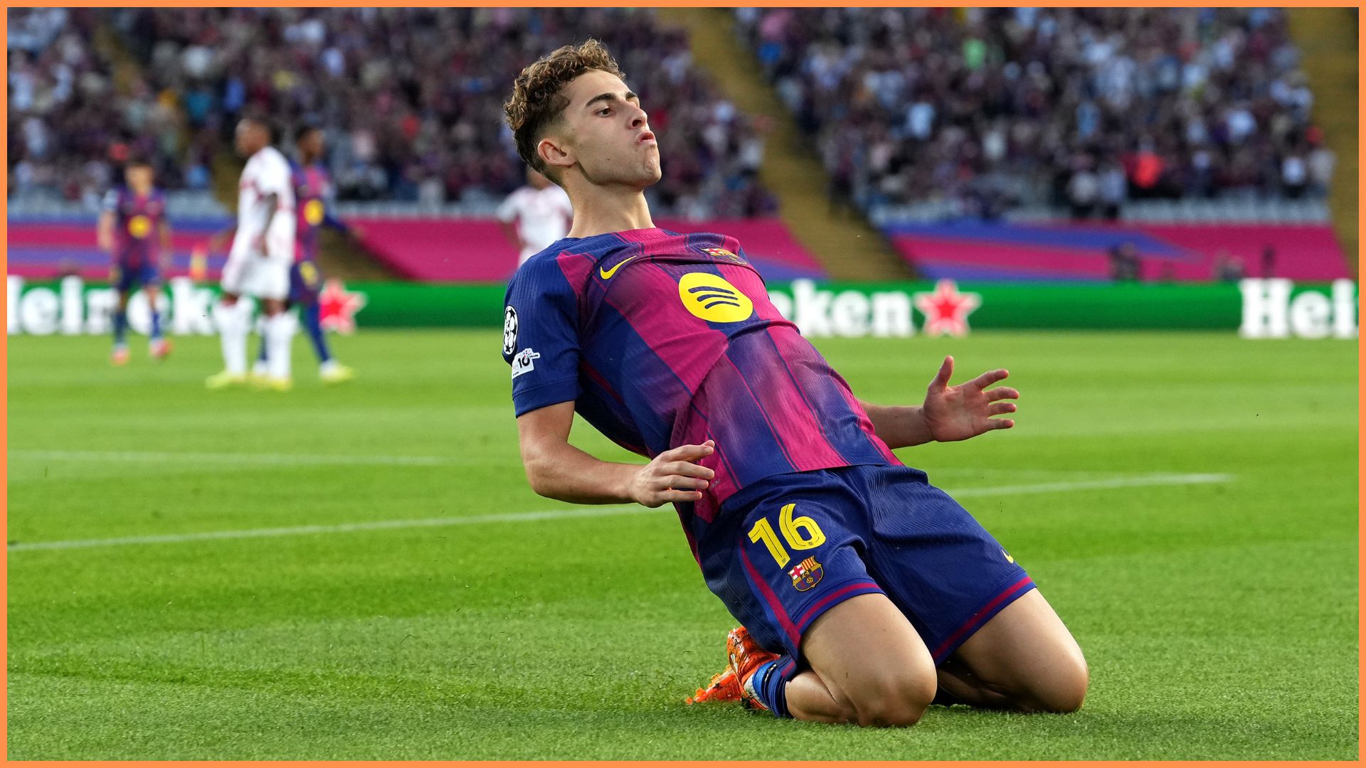BARCELONA, SPAIN - OCTOBER 21: Fermin Lopez of FC Barcelona celebrates scoring his team's first goal during the UEFA Champions League 2025/26 League Phase MD3 match between FC Barcelona and Olympiacos FC at Estadi Olimpic Lluis Companys on October 21, 2025 in Barcelona, Spain.