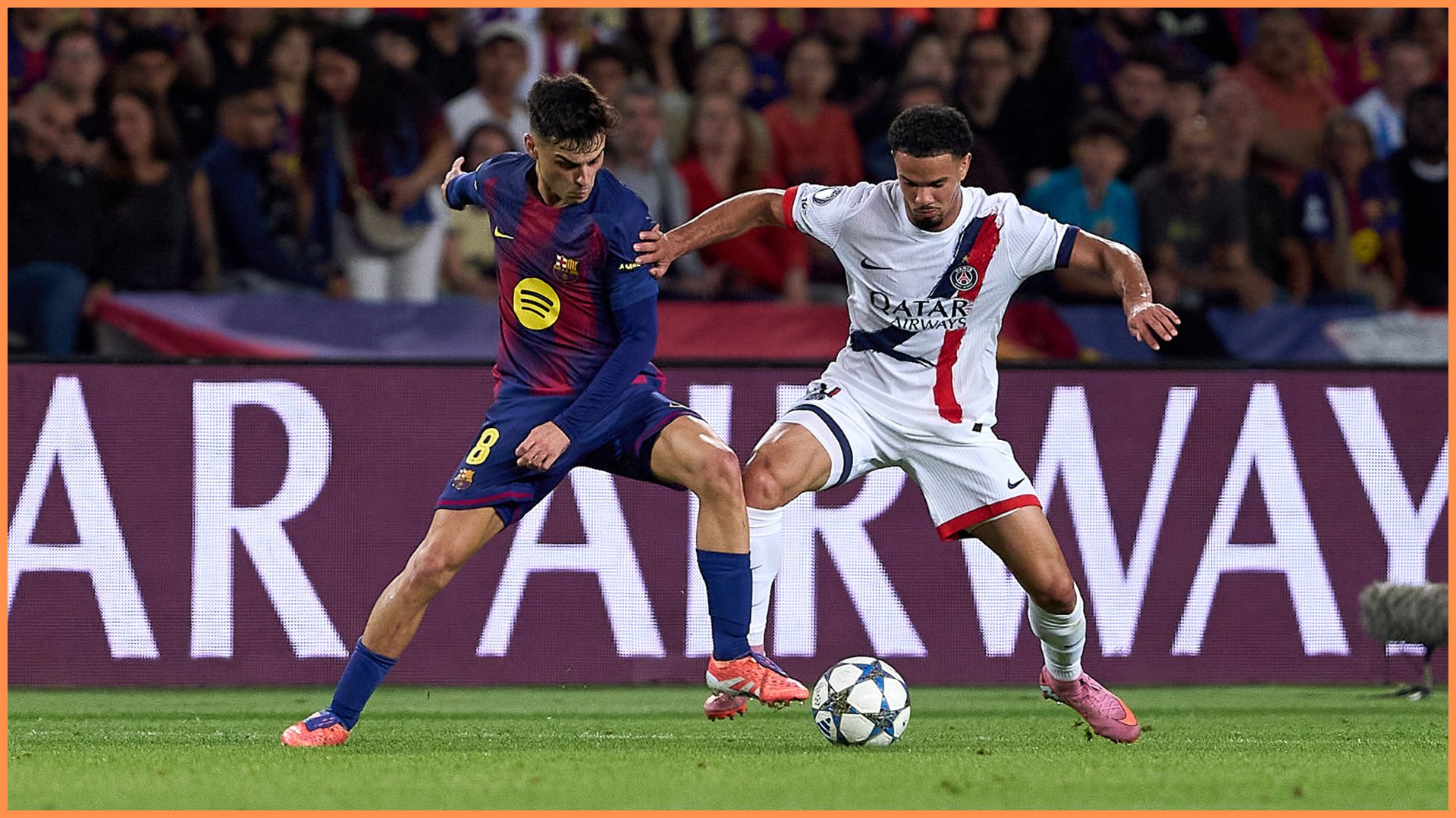 Pedri of FC Barcelona battles for possession with Warren Zaire-Emery of Paris Saint-Germain during the UEFA Champions League 2025/26 League Phase MD2 match between FC Barcelona and Paris Saint-Germain at Estadi Olimpic Lluis Companys.
