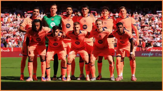 SEVILLE, SPAIN - OCTOBER 05: Players of FC Barcelona pose for a team photograph prior to the LaLiga EA Sports match between Sevilla FC and FC Barcelona at Estadio Ramon Sanchez Pizjuan on October 05, 2025 in Seville, Spain.