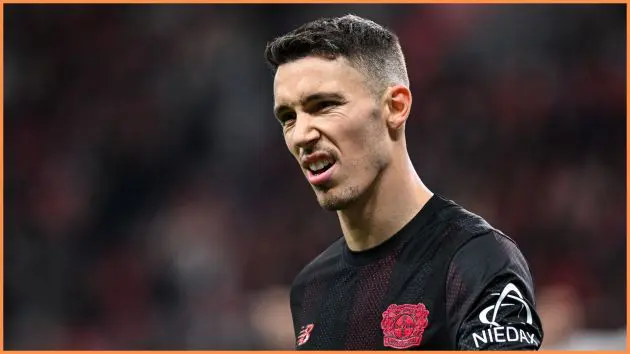 LEVERKUSEN, GERMANY - NOVEMBER 8: Alejandro Grimaldo of Bayer 04 Leverkusen looks on during the Bundesliga match between Bayer 04 Leverkusen and 1. FC Heidenheim 1846 at BayArena on November 8, 2025 in Leverkusen, Germany.