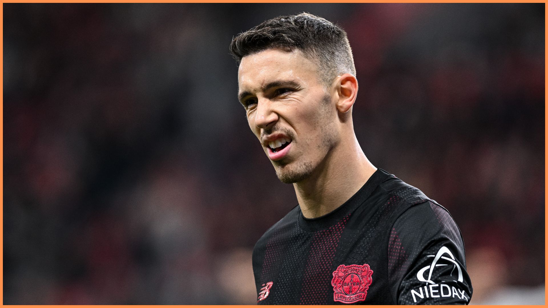 LEVERKUSEN, GERMANY - NOVEMBER 8: Alejandro Grimaldo of Bayer 04 Leverkusen looks on during the Bundesliga match between Bayer 04 Leverkusen and 1. FC Heidenheim 1846 at BayArena on November 8, 2025 in Leverkusen, Germany.