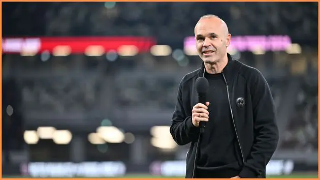 TOKYO, JAPAN - FEBRUARY 07: Andres Iniesta speaks to prior to the preseason friendly match between Vissel Kobe and Inter Miami at National Stadium on February 07, 2024 in Tokyo, Japan.