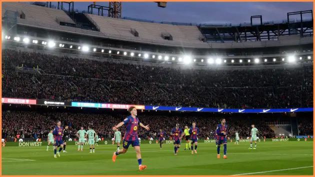 BARCELONA, SPAIN - NOVEMBER 22: Fermin Lopez of FC Barcelona celebrates scoring his team's third goal during the LaLiga EA Sports match between FC Barcelona and Athletic Club at Spotify Camp Nou on November 22, 2025 in Barcelona, Spain.