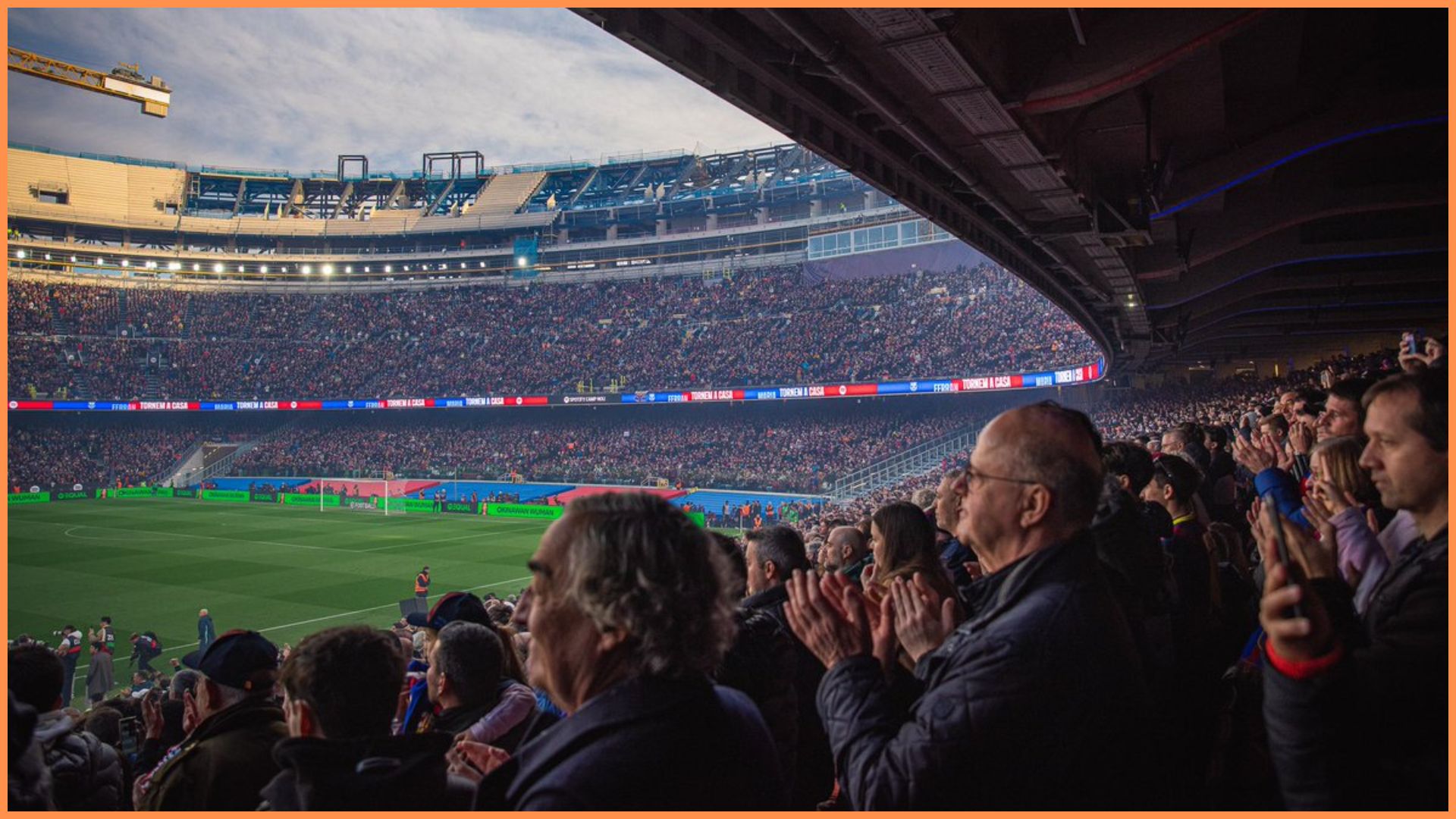 BARCELONA, SPAIN - NOVEMBER 22: Construction on new stands is pictured as fans sit in completed seating prior to the LaLiga EA Sports match between FC Barcelona and Athletic Club at Spotify Camp Nou on November 22, 2025 in Barcelona, Spain.